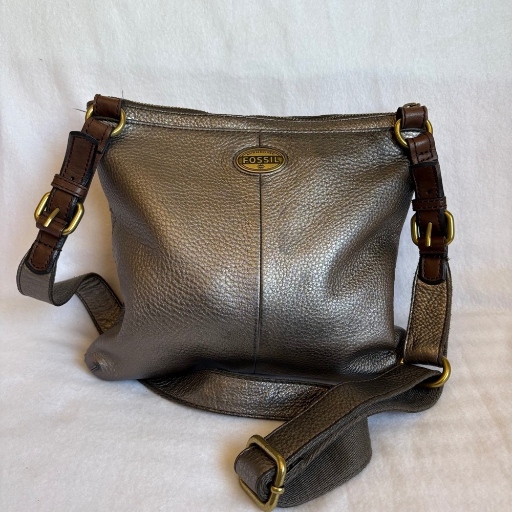 Fossil Metallic Pewter Leather Crossbody Bag Brown Trim Multi Pocket Organizer